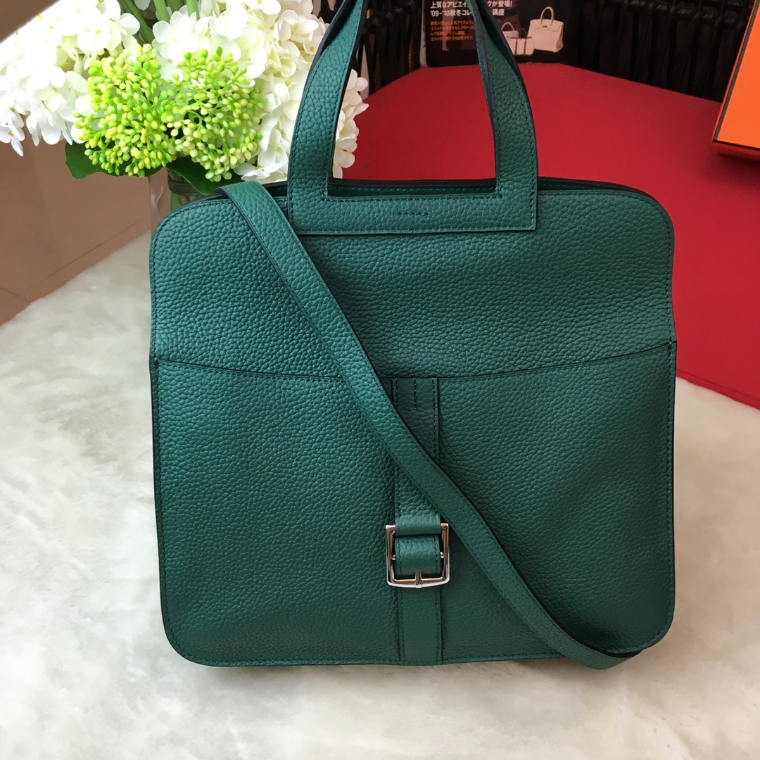 Hermes Halzan 31 Handbag Shoulder Bag In Dark Green Clemence Leather